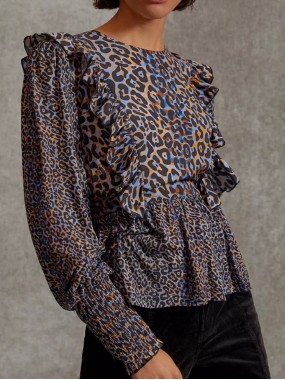 BL^NK Anthropologie Moira Ruffled Peplum Leopard Print Top, Blue Brown Black, L